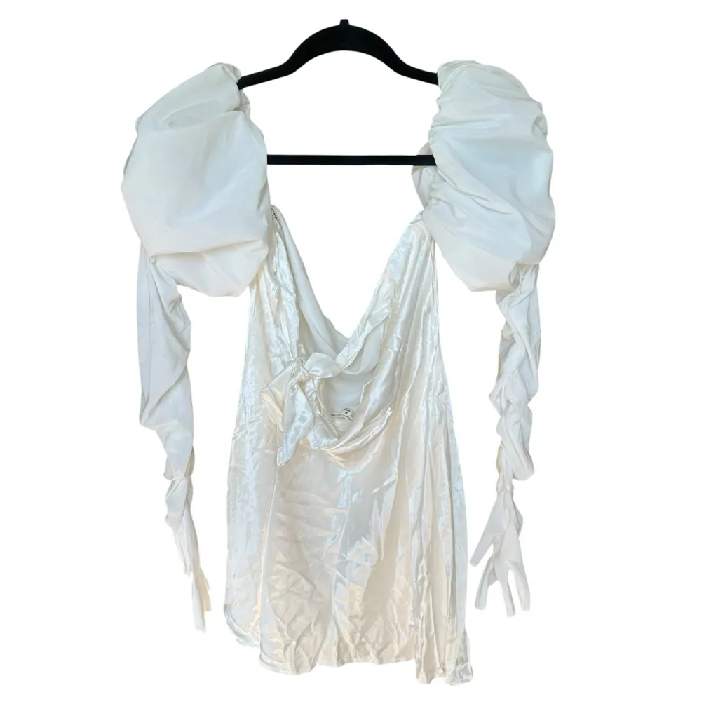 For Love & Lemons White Puff Sleeve Mini Dress Back‎ Tie Satin Bridal Medium NWT - Image 9