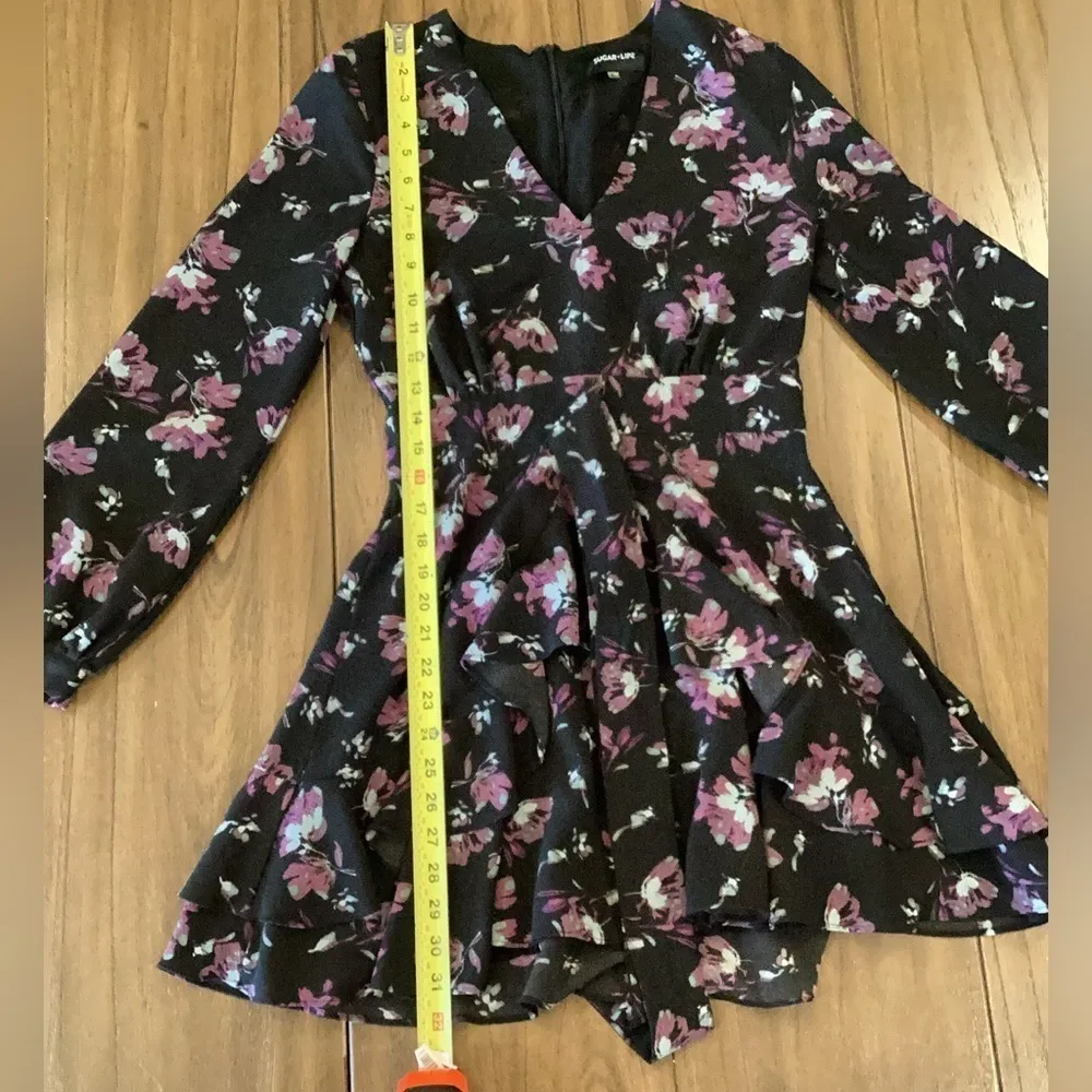 Sugar lips floral black purple Long Sleeve chiffon flowy flare Mini dress S - Image 5
