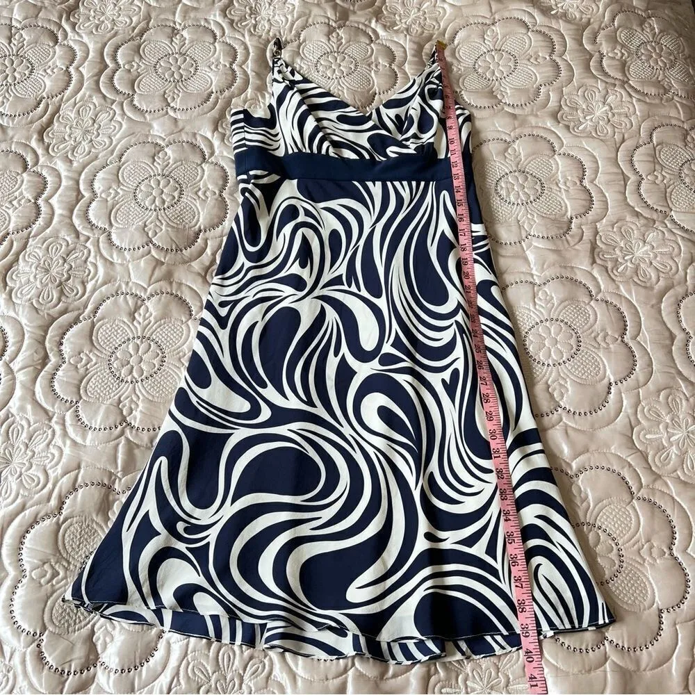 Ann Taylor  100% Silk Navy Blue White Abstract Spaghetti Strap Silk Dress - Image 11