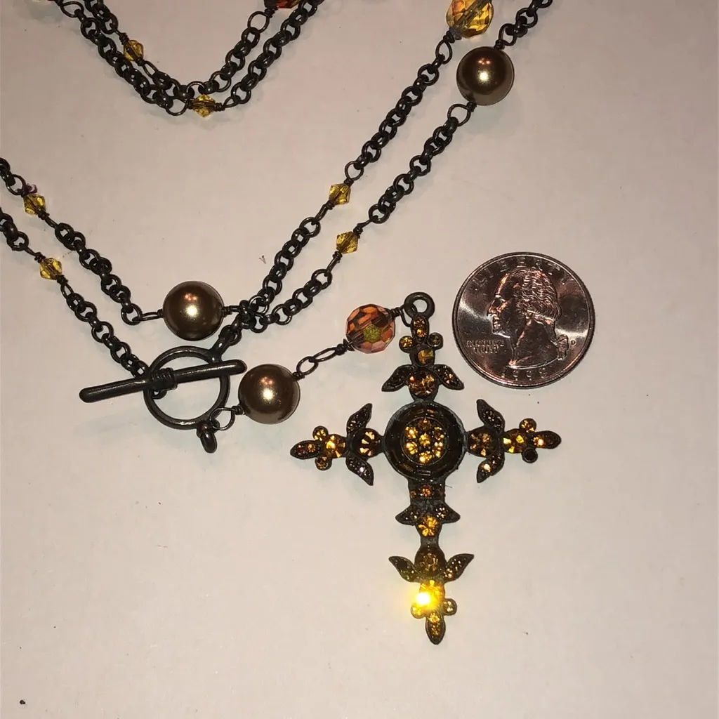 Elegant Aged Dark Metal Beaded Boho Cross Necklace Orange - Image 4