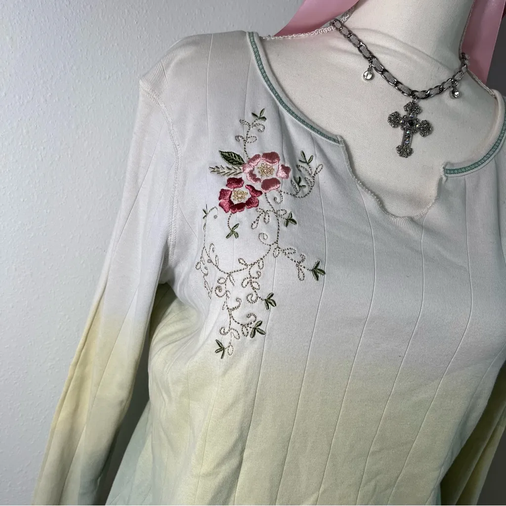 Vintage Y2K Boho Ombre Green White Long Sleeve Shirt Womens‎ Large - Image 4
