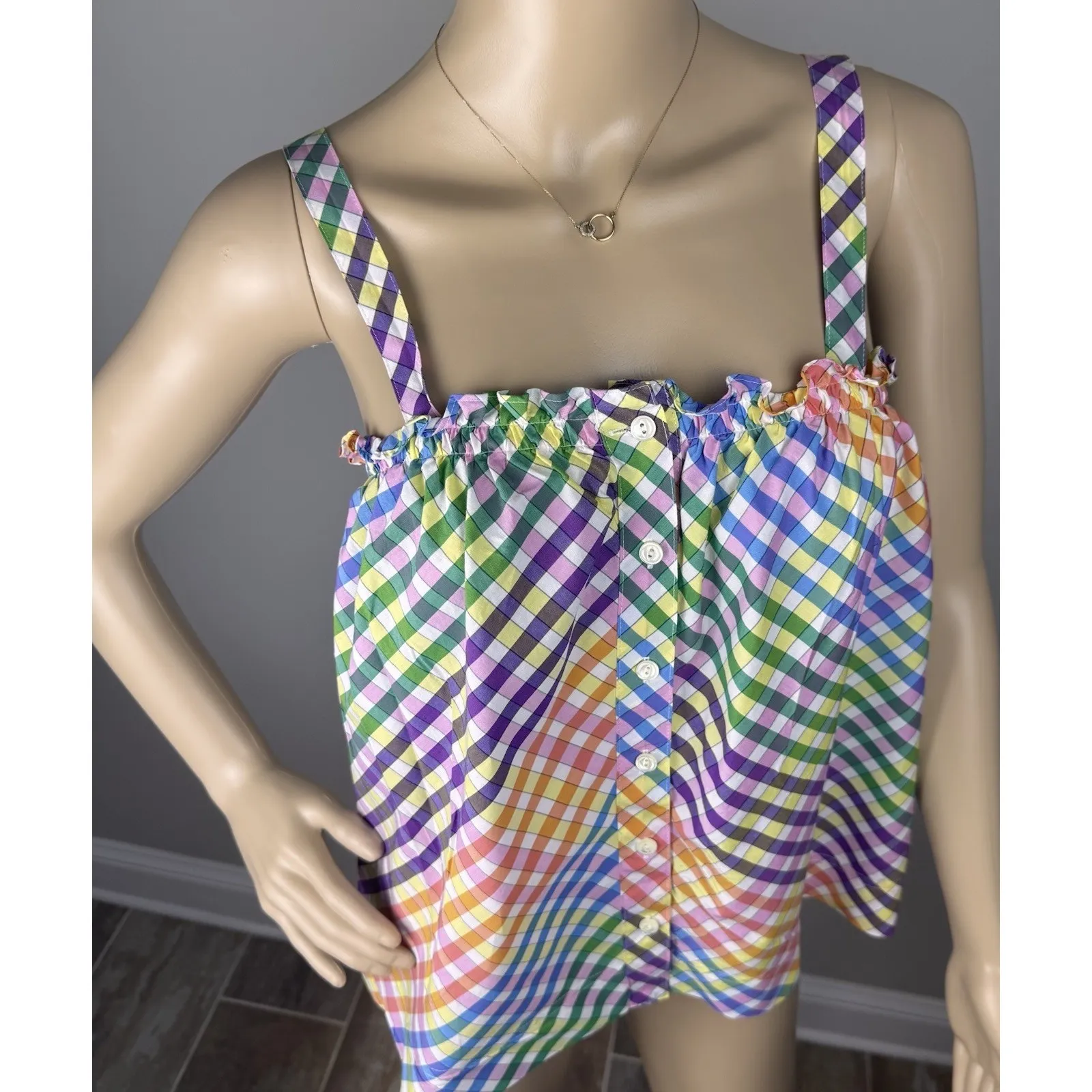 J Crew Tank Top Women's Sz 0 Rainbow Gingham‎ Square Neck Button Front Cotton - Image 3