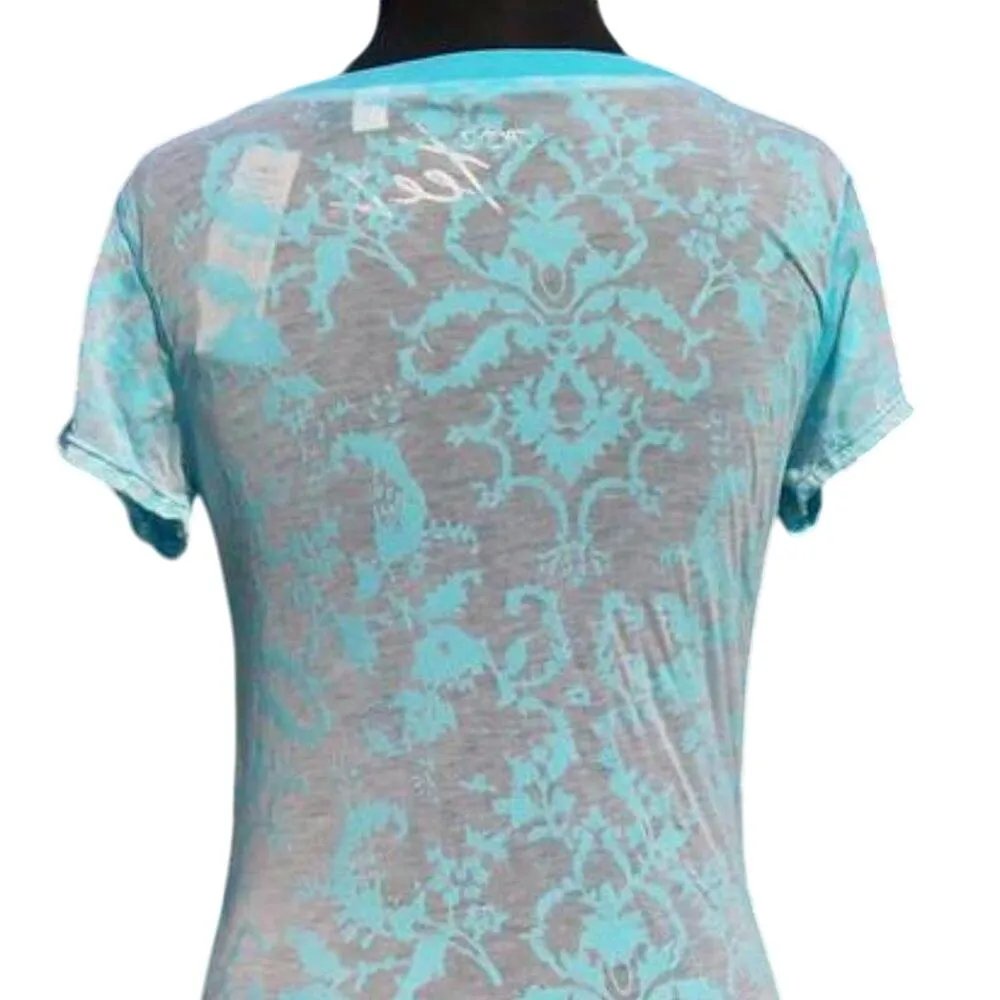 Cache Blue Stretch Bamboo Flower Burn Out Tee Top Peek A Boo Soft V Neck NWT $78 - Image 4