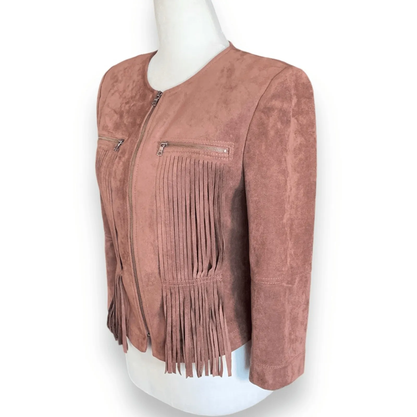 BCBGMAXAZRIA Reiss Fitted Fringe Jacket Toffee Faux Suede Leather Size Small - Image 5