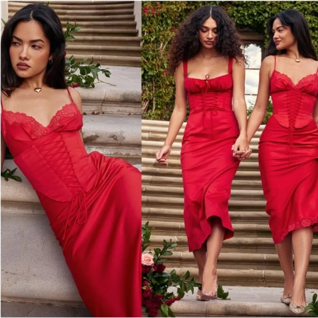 HOUSE OF CB XL A-C 'Salma' Red Rose‎ Satin Slip Dress NWOT - Image 2