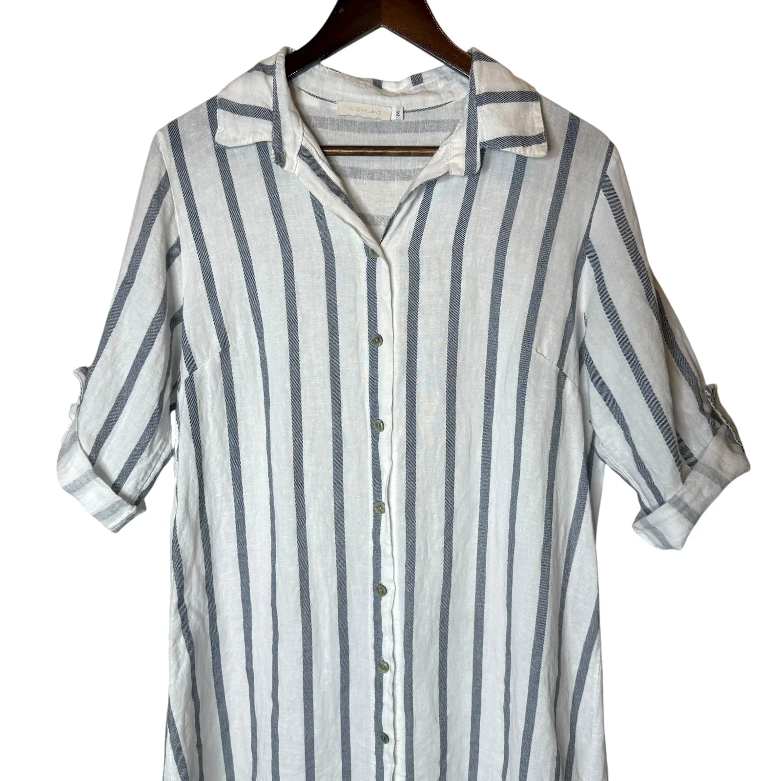 Milio Milano Linen Striped Midi Shirt‎ Dress Italy White Size M - Image 2