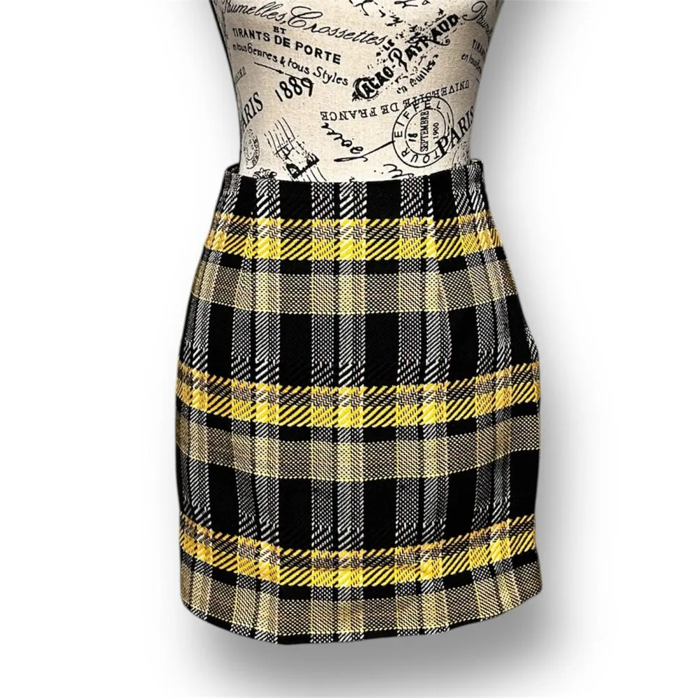 New Grey Lab Black Yellow Plaid Tweed Mini Skirt Preppy Academia Fall Winter S - Image 6