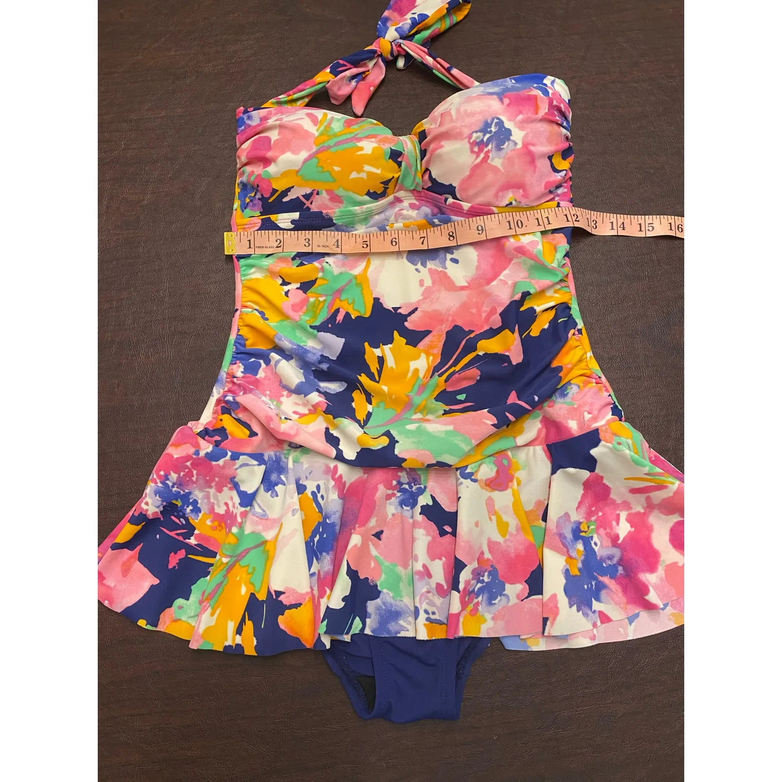 Chaps‎ One Piece Halter Roused Skirted Floral Swimdress Pink Blue Green Size 6 - Image 7