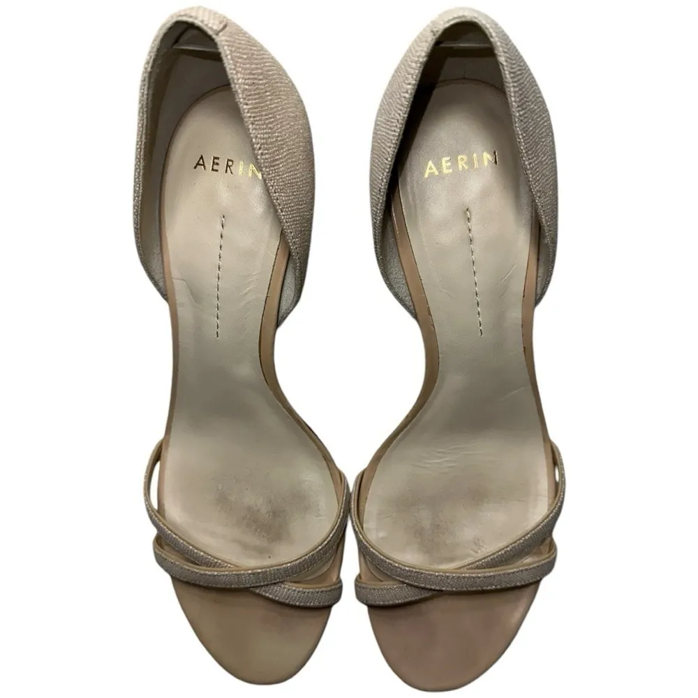 Aerin Women’s 8.5 Metallic Gild Sparkly Cream Canvas Varan Strappy D’Orsay Heels Gold - Image 3