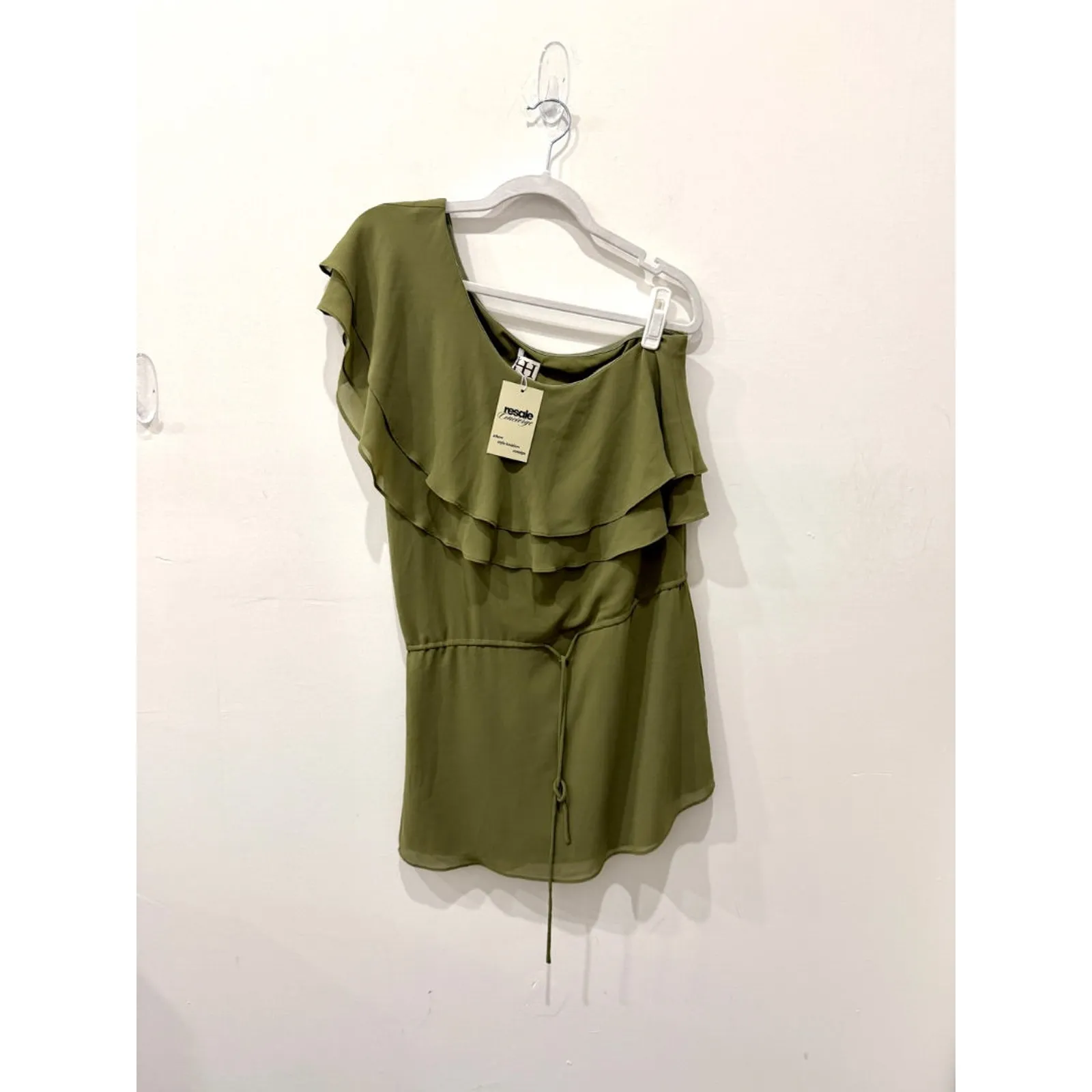 Haute Hippie Asymmetric Ruffle One-Shoulder Mini Dress Green Women's Size Small - Image 3