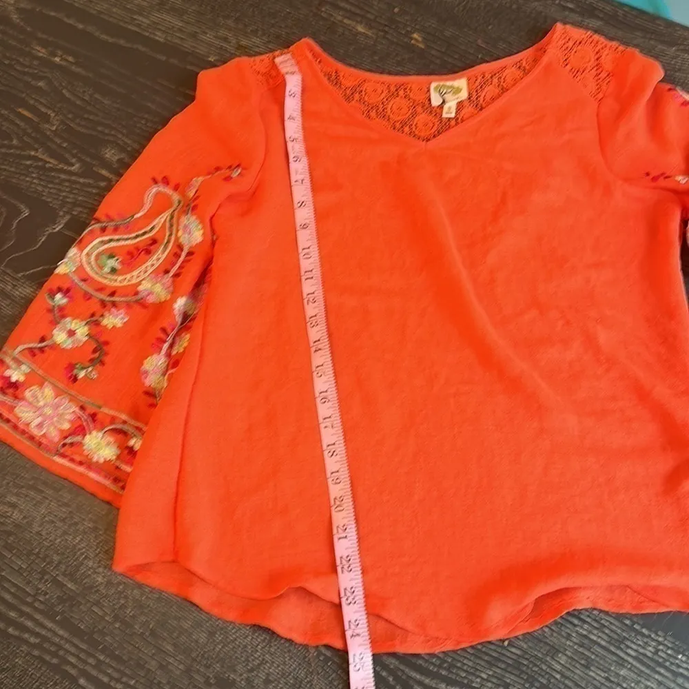 Fig and Flower Orange Boho Floral Embroidered Flare sleeve Tunic top sz small - Image 10