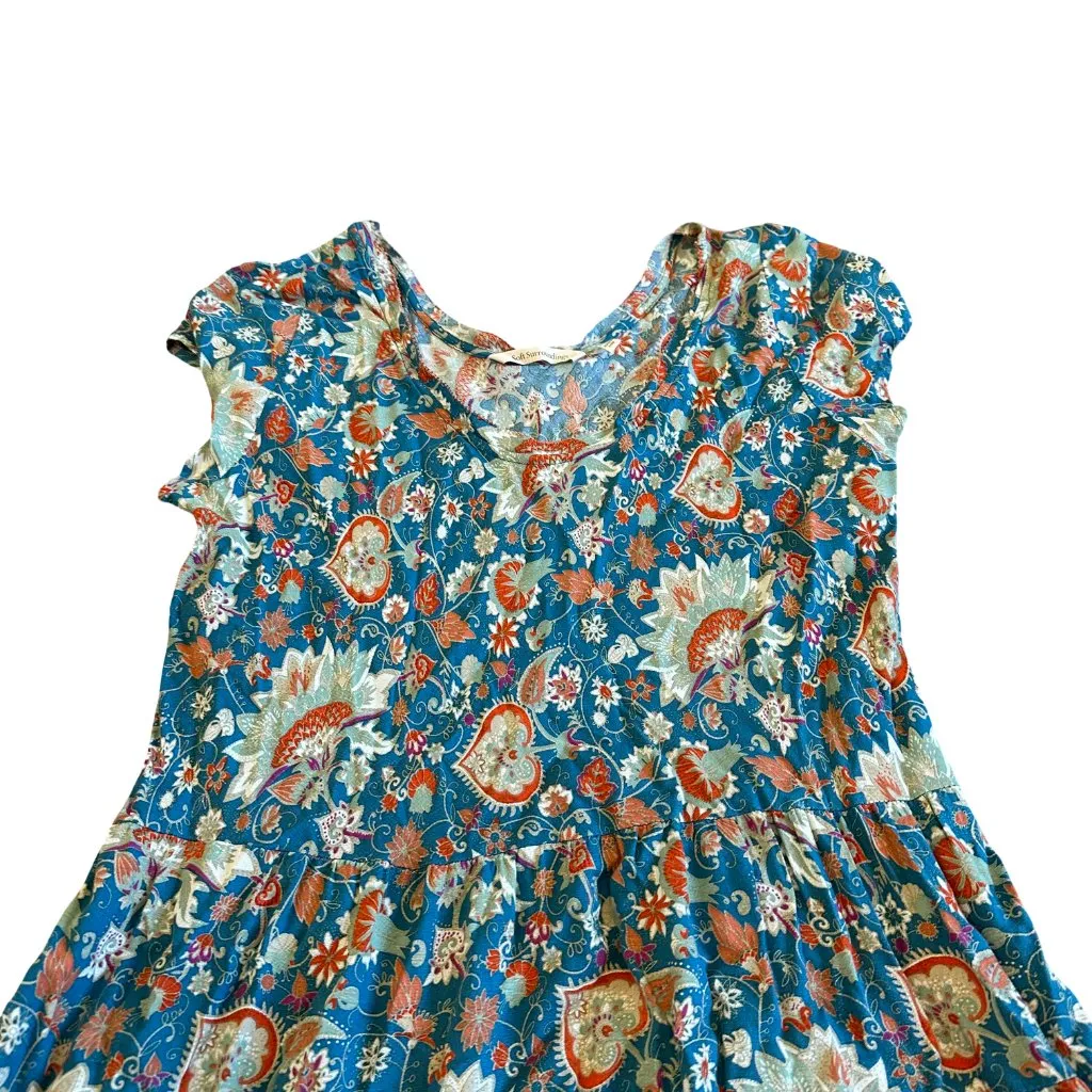 Soft Surroundings Kara Midi Dress Fiery Teal Print T-Shirt Flowy Petite Medium - Image 2