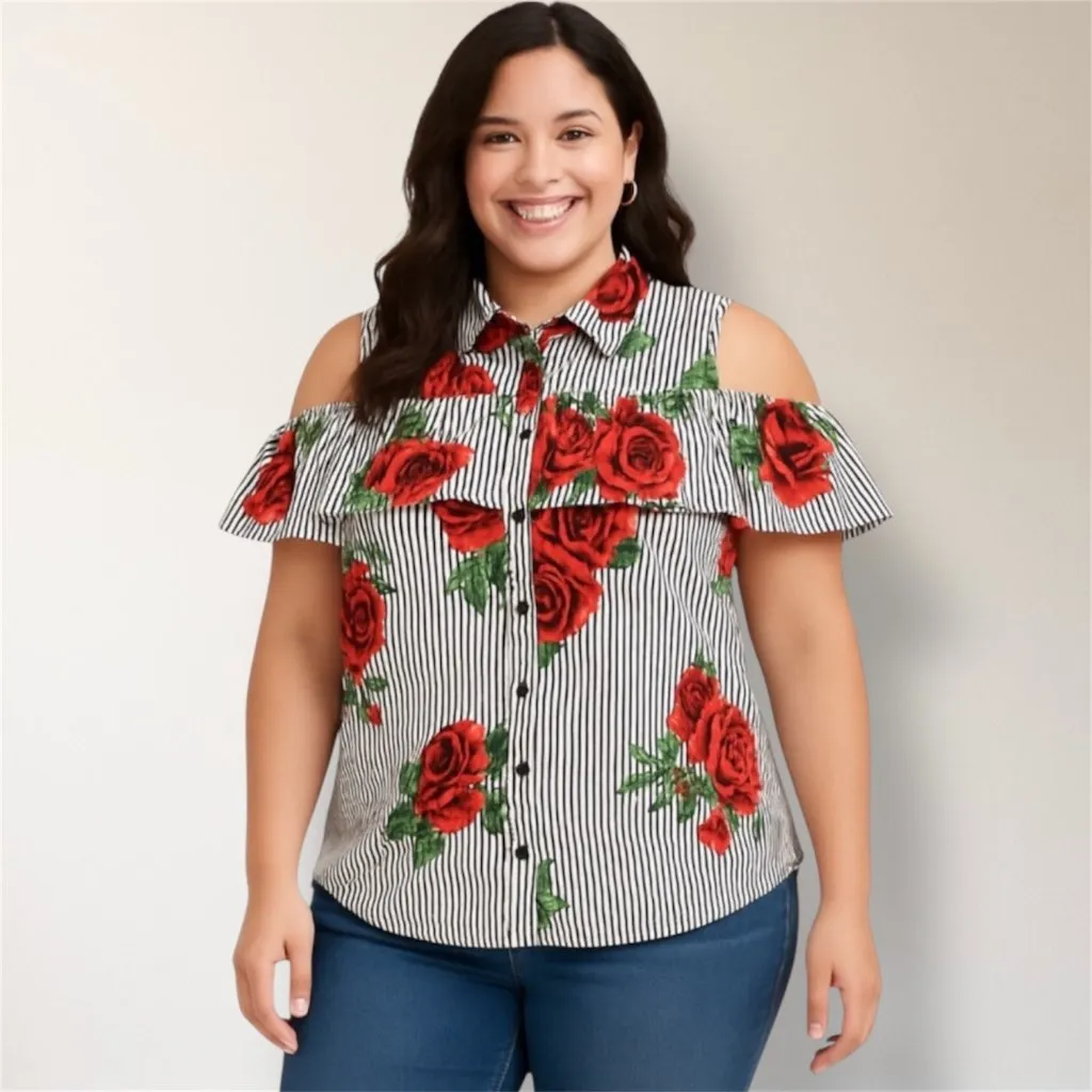 Blush XL Red Floral Stripe Cotton Cold Shoulder Ruffle Button Front Blouse Boho - Image 2
