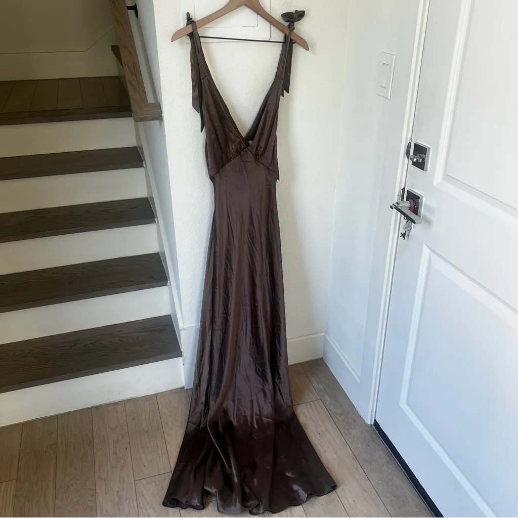 NWT Reformation Pernille Silk Maxi Dress in Magnetic Brown, Flaw - Image 5
