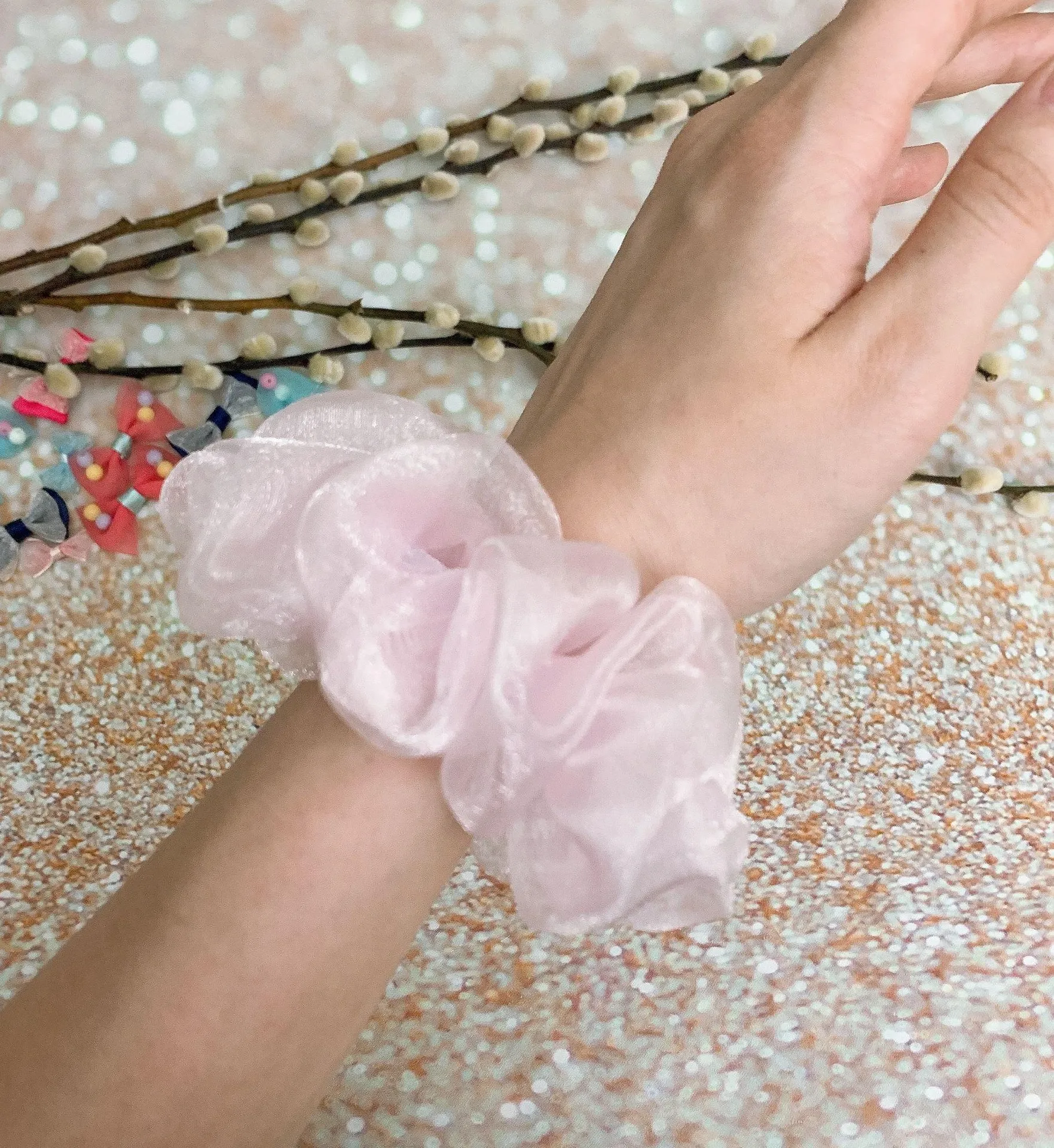Soft Pink Crystal Organza Hair Scrunchie Hair Accessories - Image 4
