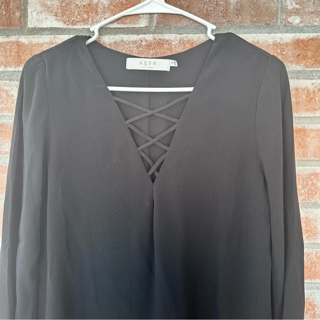 ASTR The Label Lace Up V Neck Mini Dress Black Women’s XS Long Sleeve - Image 3