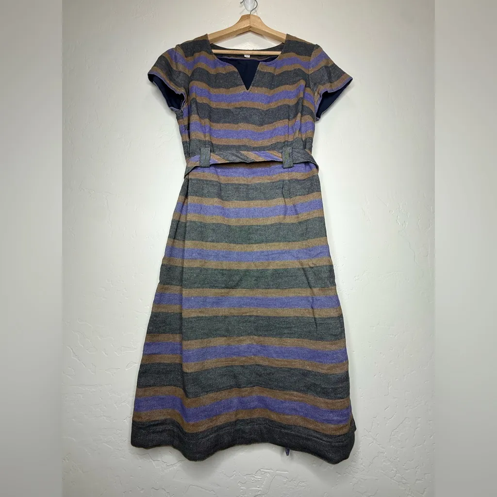 Boden Short Sleeve Striped Linen Blend Shift Dress denim Belted Notch Neck 12 Gray - Image 3