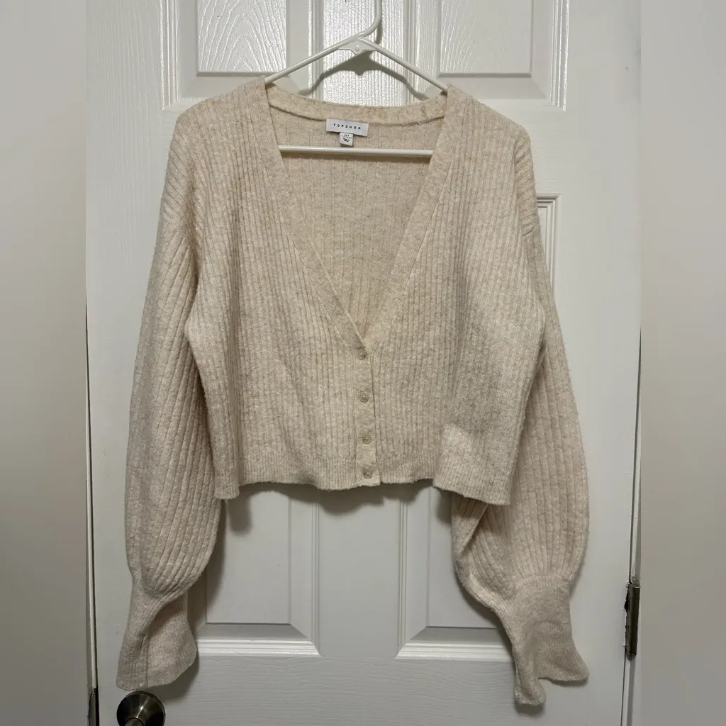 Topshop Ivory Cream Rib Knit V-Neck Wool Blend Cropped Cardigan Sweater - Image 2