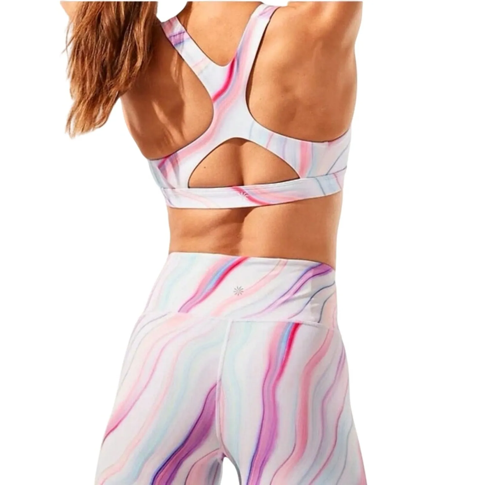 Athleta Colorful Pastel Abstract Art Athletic Athleisure Bra Biker Short Set M - Image 3