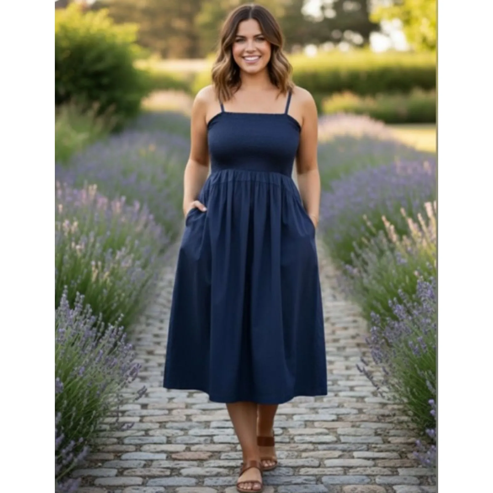 Old Navy Smocked Fit Flare Midi Dress Volcanic Glass Pockets Minimalist Boho 3X - Image 8