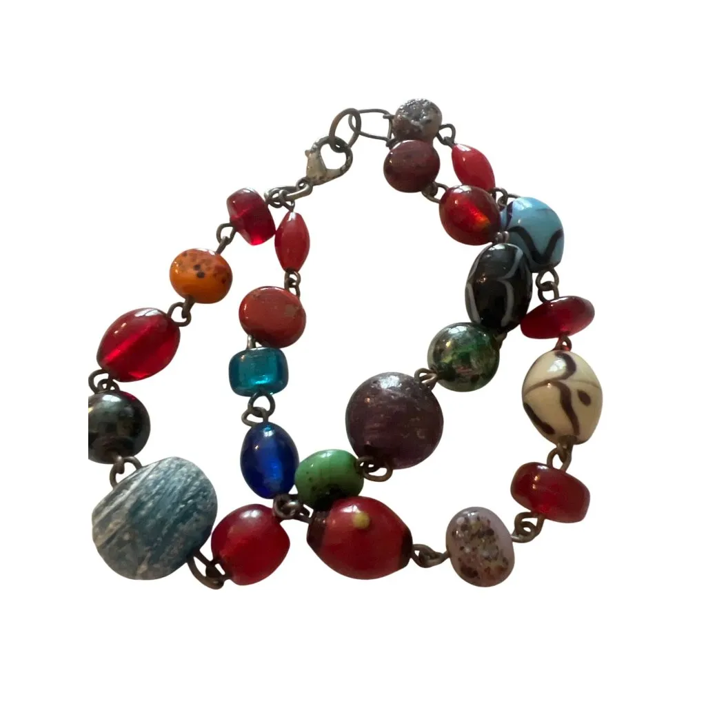 Vintage Double Strand Glass Bead Necklace Multi Color Lobster Clasp 7.5" READ Red - Image 5