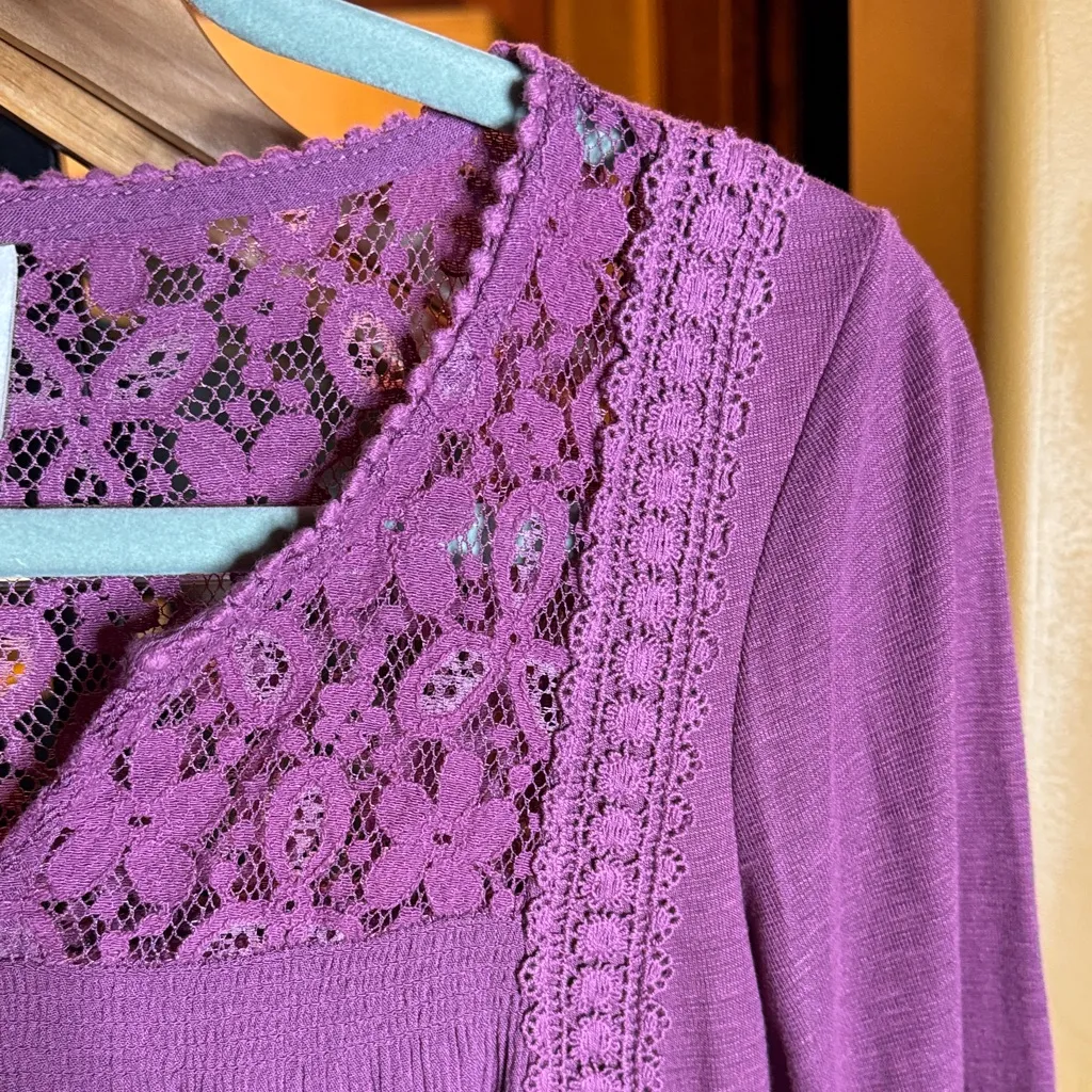 Knox Rose Purple Long Sleeve Floral Lace Shoulder V Neck Blouse Size XS - Image 4