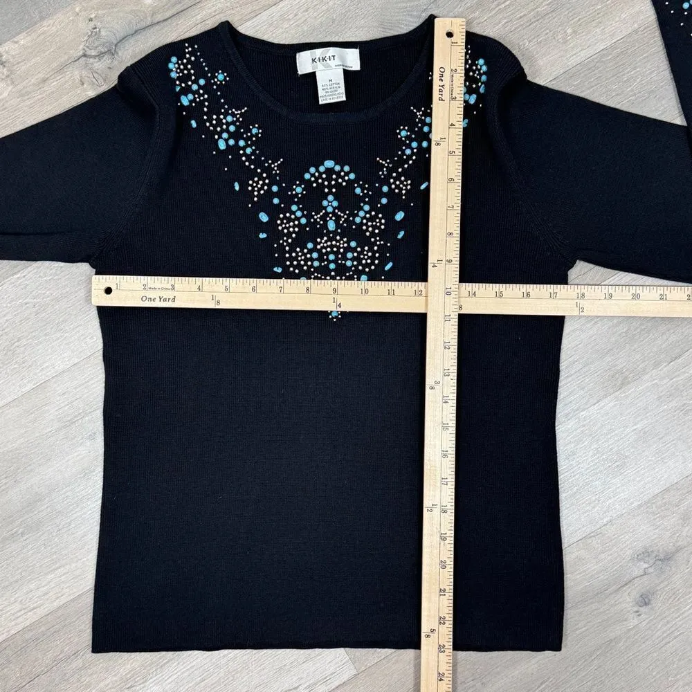Kikit Turquoise Beaded Studs Sweater Black Medium Western Black - Image 10