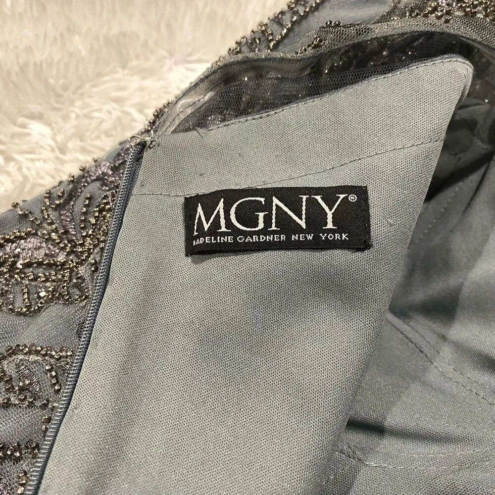 NEW MGNY by Mori Lee Embellished Bodice Cap Sleeve Maxi Dress Gown in Steel Gray Size 16 - Image 10