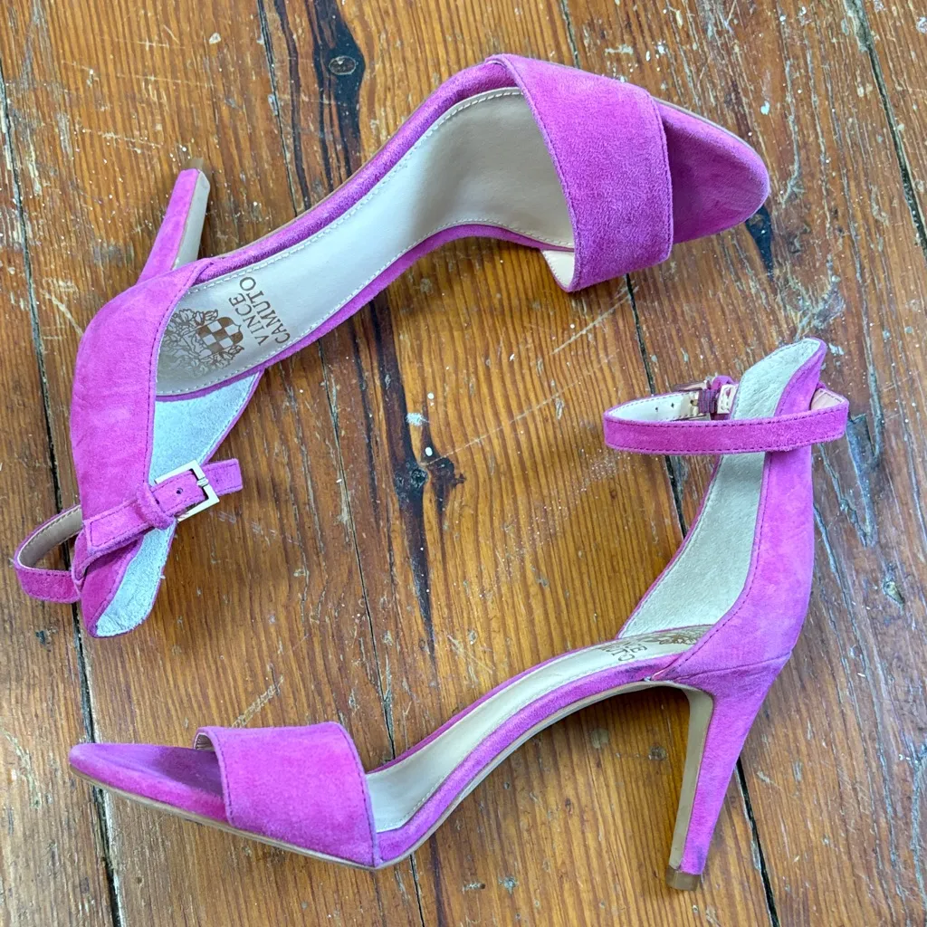 Vince Camuto Size 7.5 Elegant Pink Suede Heeled Sandals Shoes - Image 3