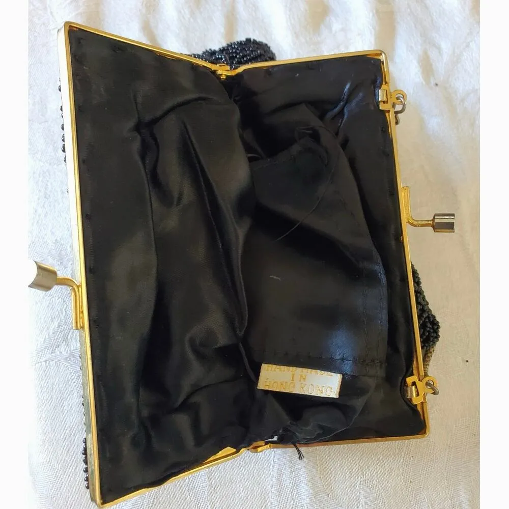 Stunning Vintage Black Glass Beaded Evening Bag Gold Chain, Hong Kong - Image 3