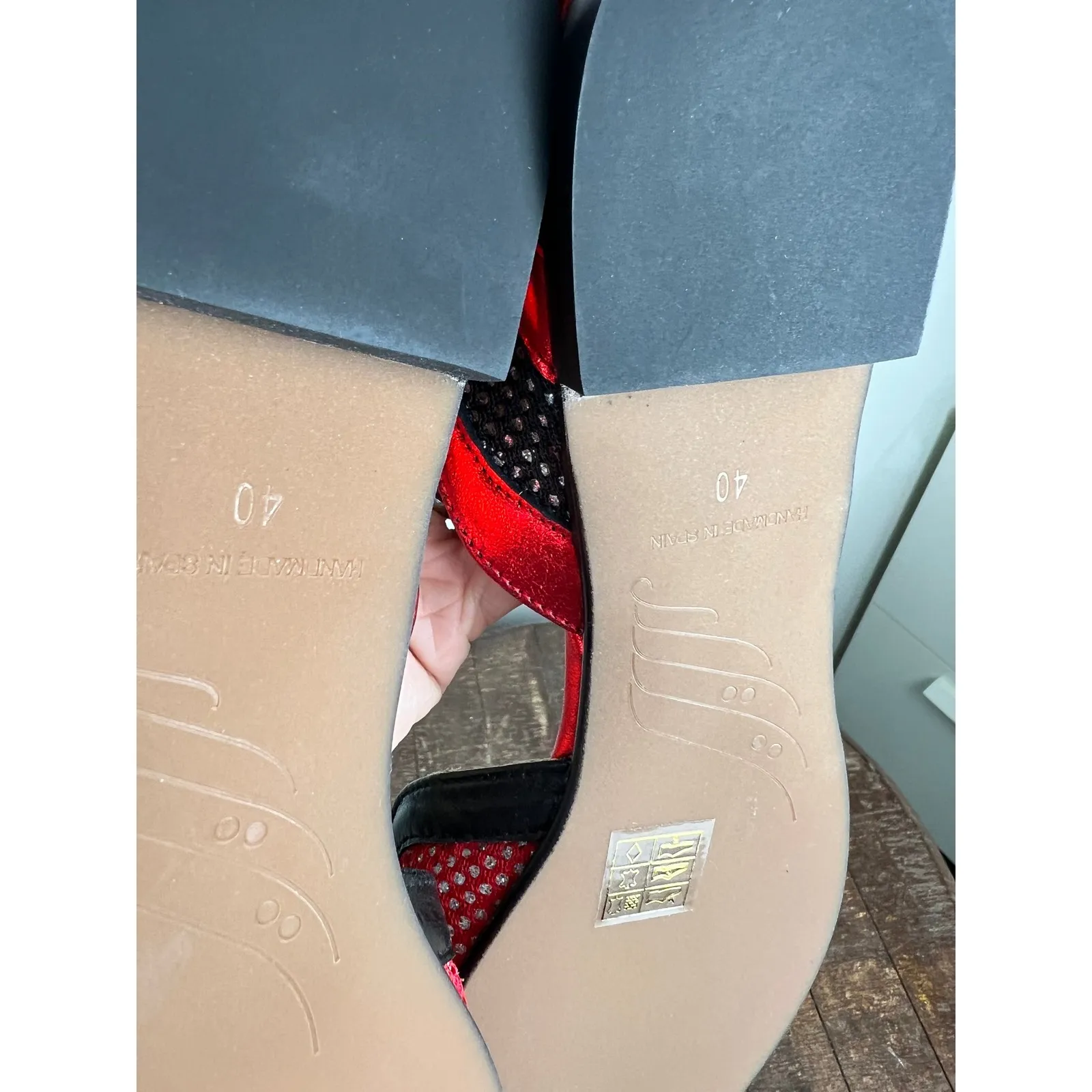 Designer Red Black Rhinestone Pointed Toe Ankle Strap Flats Size 40 - Image 3