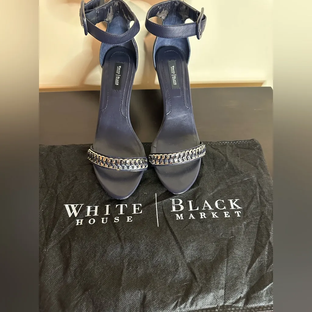 White House Black Market Navy Heels with Silver Chain Detail - Image 9