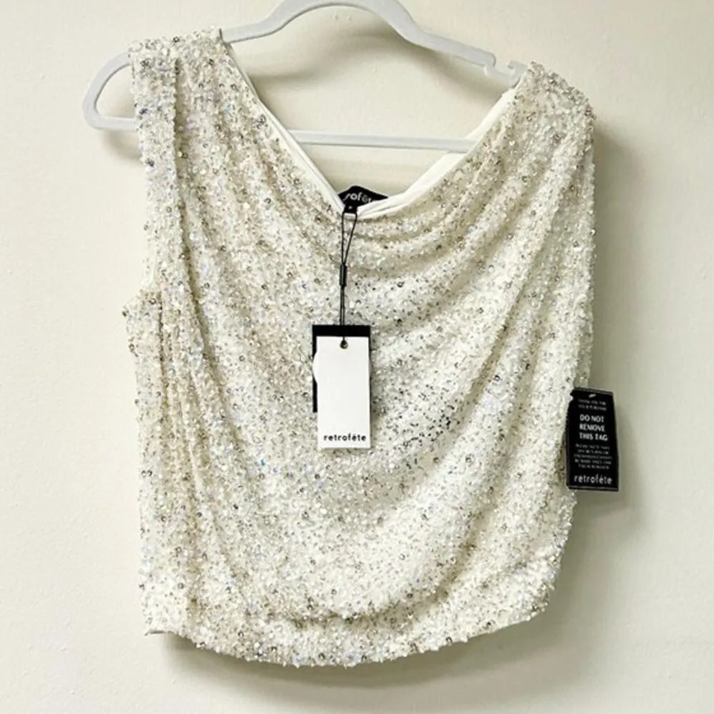 NWT Retrofete Myles Sequin Embellished One Shoulder Top Iridescent White Women S - Image 3