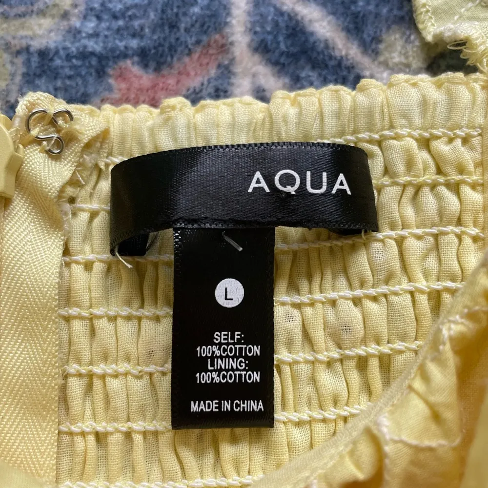 AQUA V-Neck Ruffled Eyelet Mini Dress Women's Large Yellow Short Flutter Sleeve - Image 6