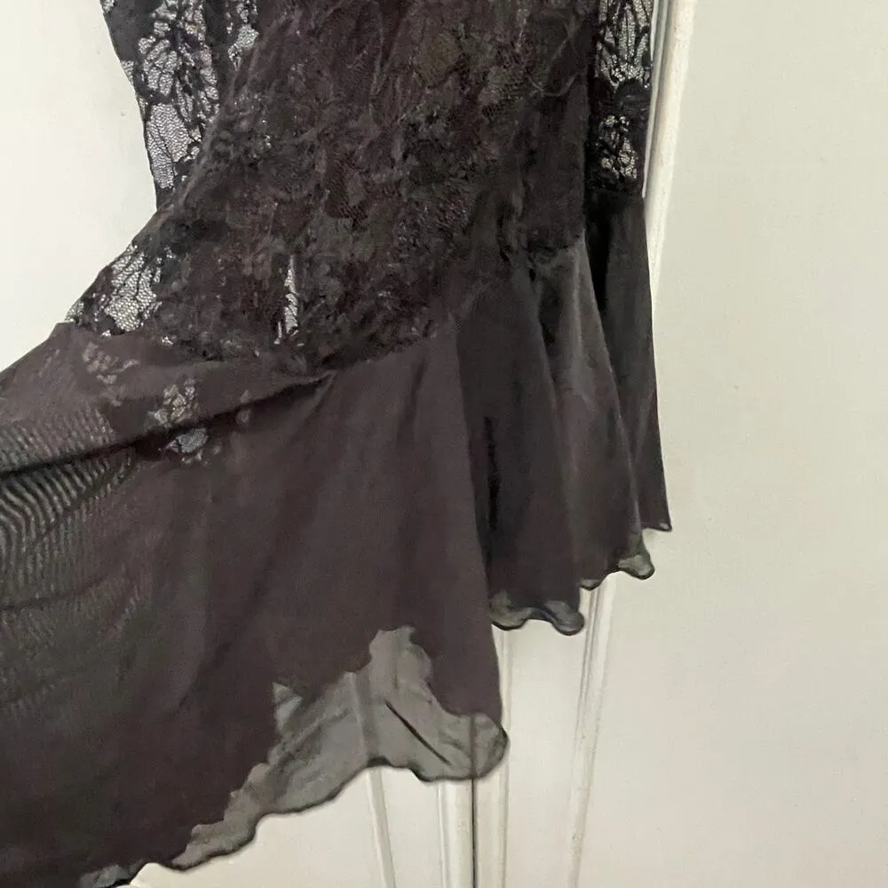 Black Lace Teddy Chemise Size Small Lingerie Floral Ruffle Stretch - Image 2