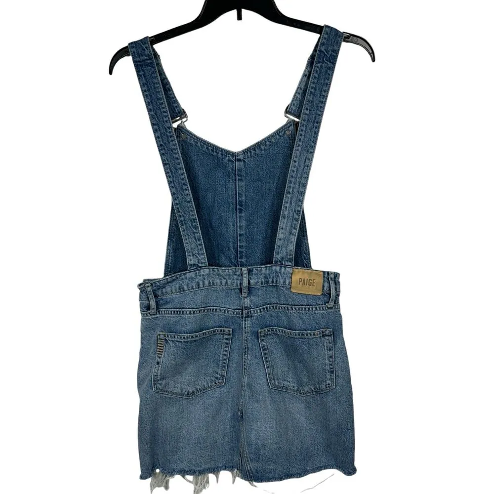 Paige SZ 27 Retta Overall Mini Jean Dress Frayed Hems Whiskered Medium Wash Blue - Image 3