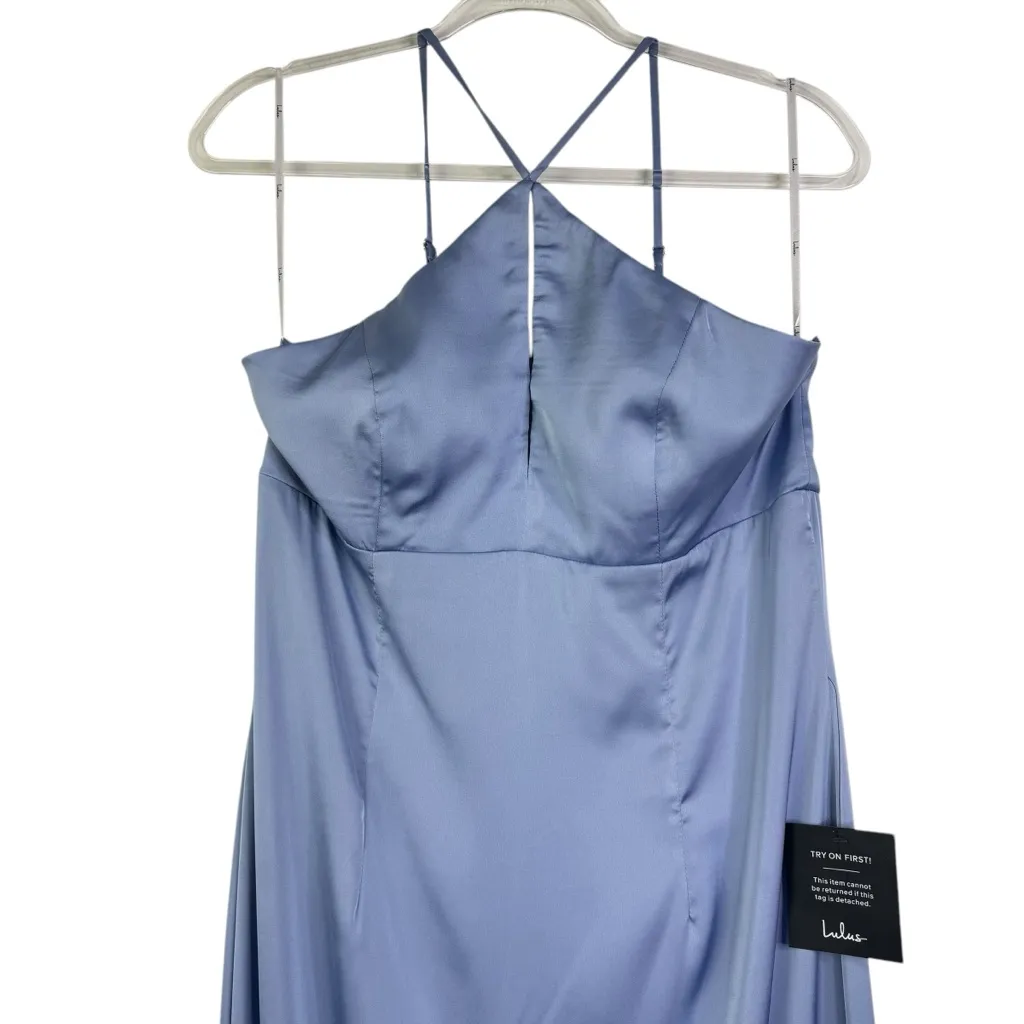 NWT LULU’S Lustrous Love Dusty Blue Satin Halter Cutout Mermaid Maxi Dress Large - Image 6