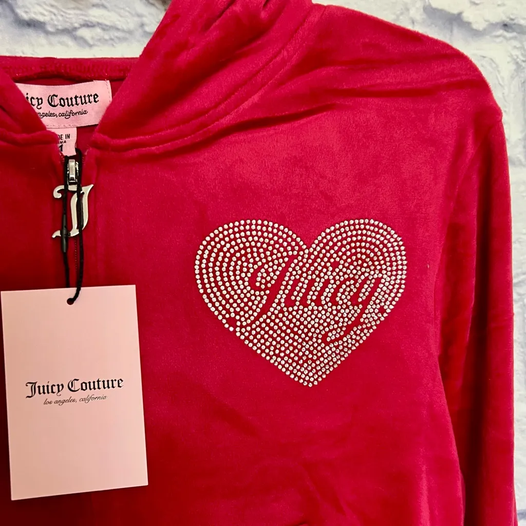 🔥JUICY COUTURE Velour Tracksuit Hoodie & Pants Flash Red Bling Heart Logo MEDIUM - Image 5