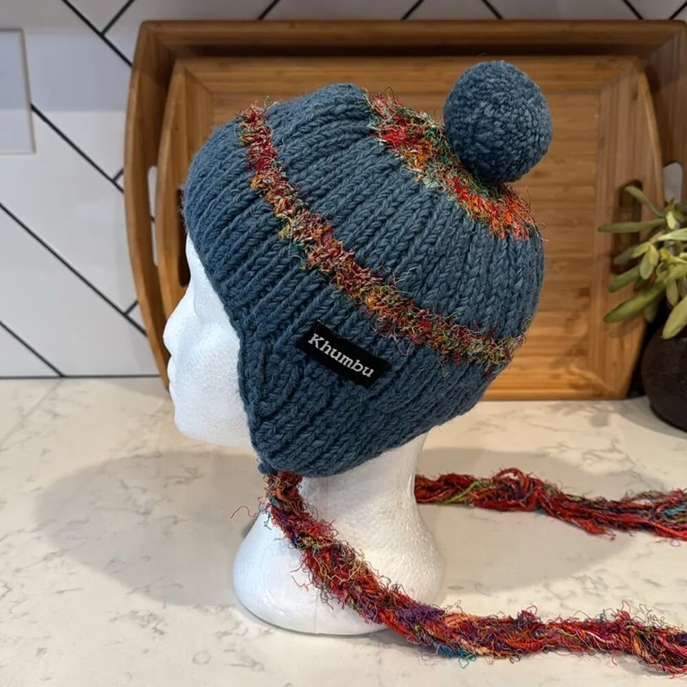 Khumbu Tibetan hand Knitted Wool silk Hat blue winter ski snowboard quirky artsy - Image 5