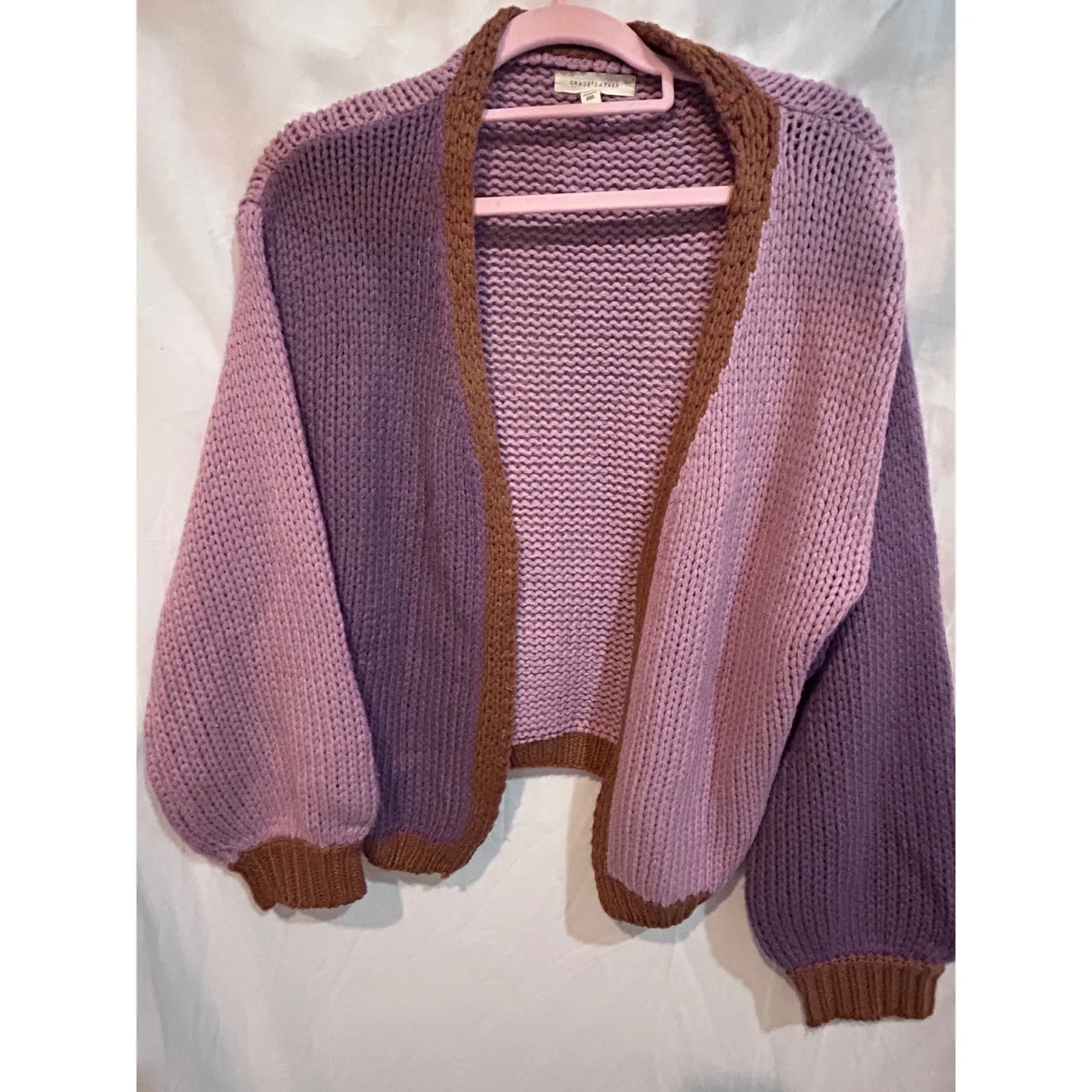 Grade Gather Colorblock Balloon Sleeve Knit Cardigan Sweater Purple Brown Size S - Image 3