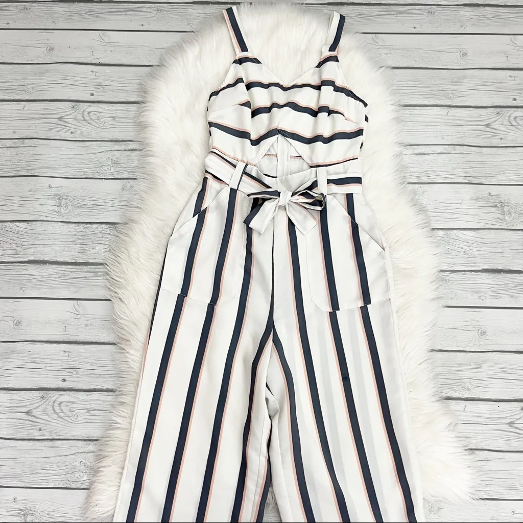 White and blue Striped belted jumpsuit - Image 9