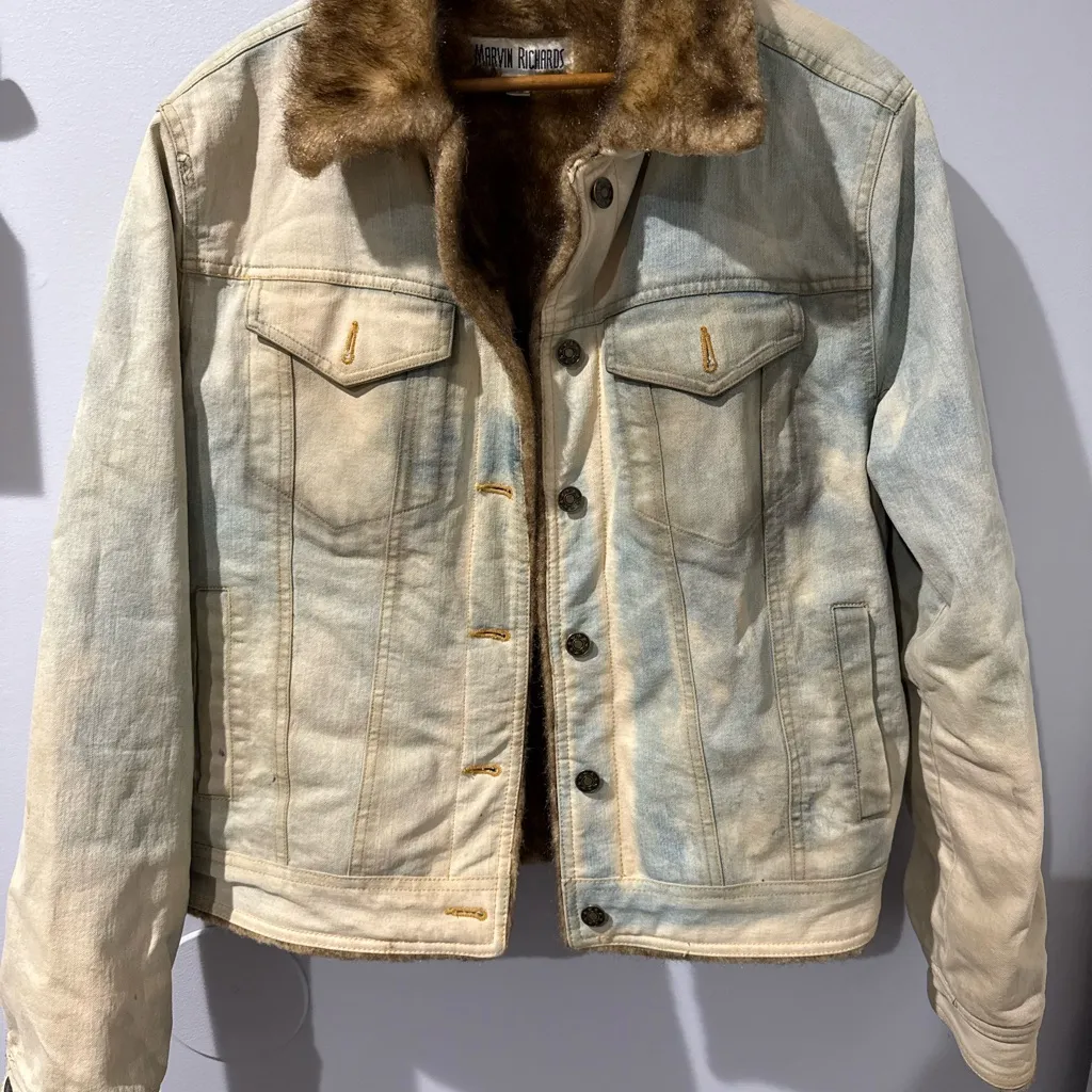 VINTAGE Marvin‎ Richards Jacket Medium Denim Faux Fur Lined Coat Distressed - Image 2