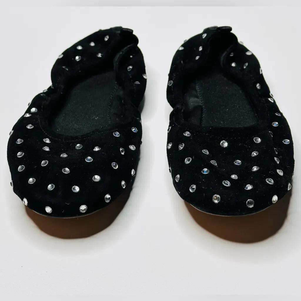 Zara Black Suede Crystal Rhinestone Embellished Ballet Flats Shoes New - Image 5