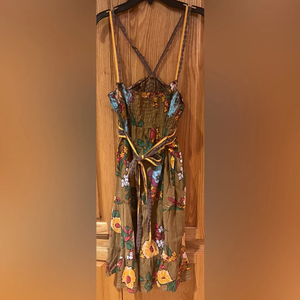 Free People Brown Floral Print‎ Spaghetti Straps. Ruffle Mini Dress Size Small - Image 4