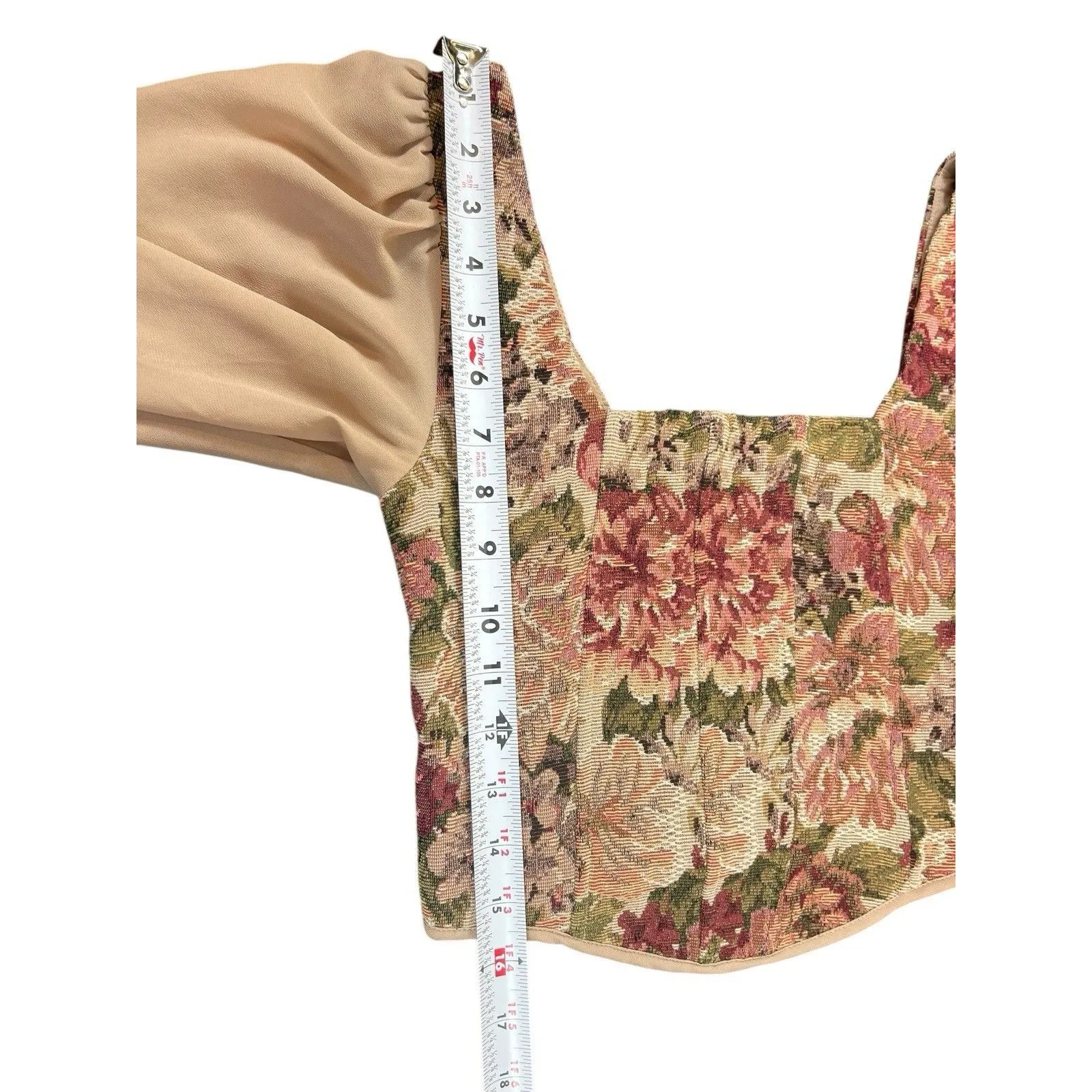Tapestry Floral Crop Top Square Neck Puff Sheer Sleeve Renaissance Cottage Top S - Image 6