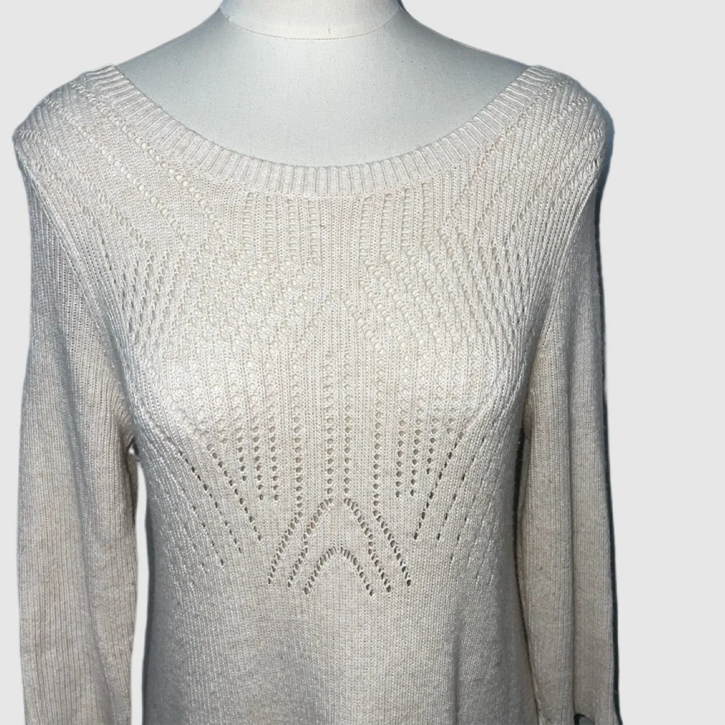 Anthropologie‎ Knitted & Knotted Lace Hem Pointelle Tunic Sweater Cream Small - Image 9