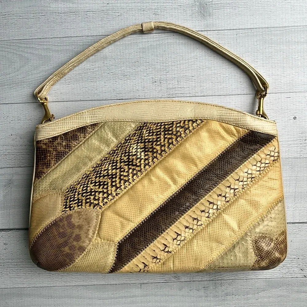 Vintage 80s Bag By Supreme Beige Snakeskin Print Handbag - Image 3