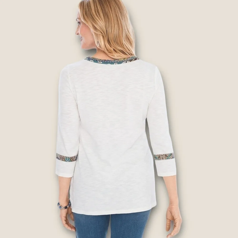 Chico’s Printed Trim Tassel Top Off White L - Image 5