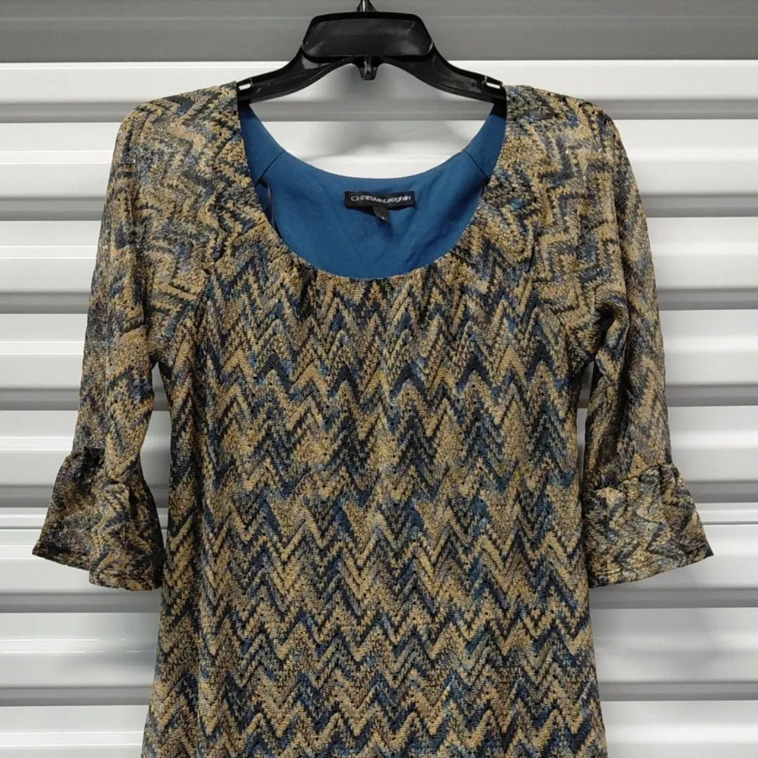 Chris McLaughlin Womens Metallic Chevron Boho Dress Blue Gold Bell Sleeve Size 8 - Image 5