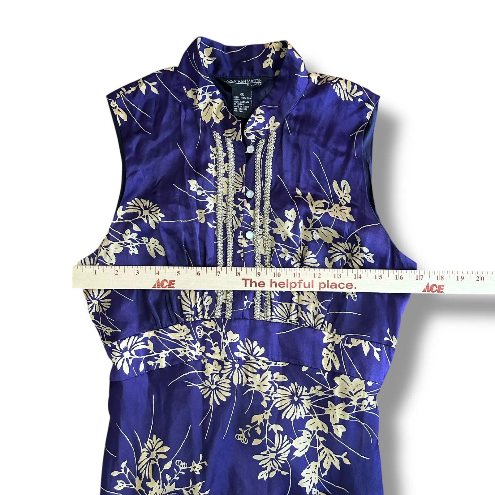 Jonathan Martin Studio‎ 100% Silk Purple Gold Floral Embroidered Midi Dress Sz 8 - Image 3